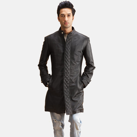 Midlander Quilted Black Leather Coat - men's coat in black sheepskin leather, view 1