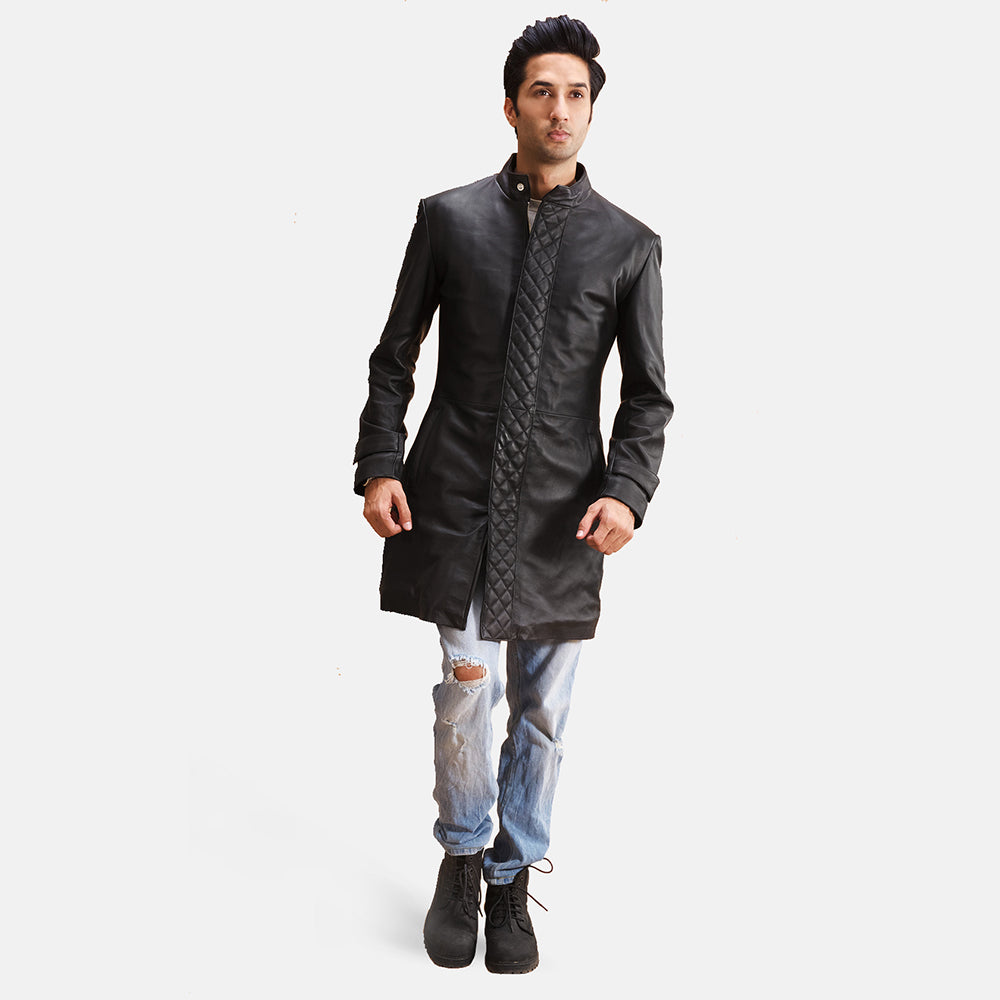 Midlander Quilted Black Leather Coat - men's coat in black sheepskin leather, view 4