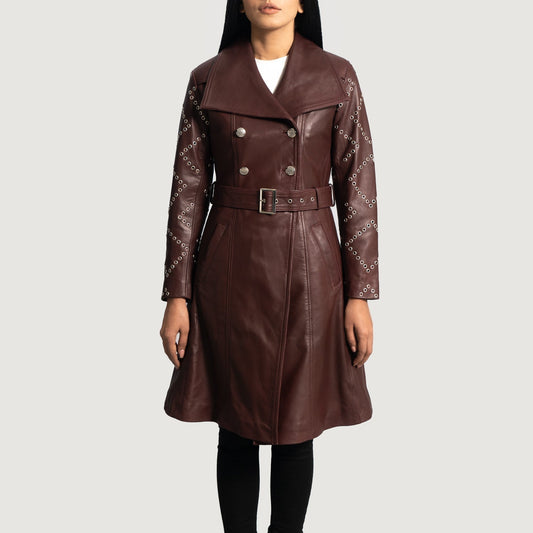 Brex Missoni Maroon Leather Trench Coat - women's coat in maroon sheepskin leather, view 1