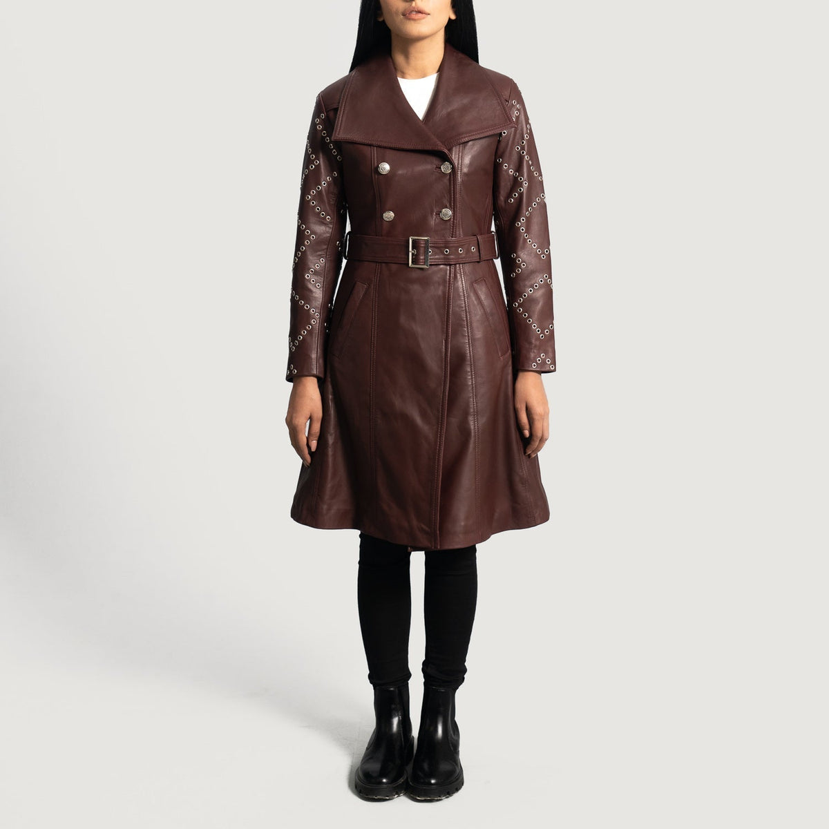 Brex Missoni Maroon Leather Trench Coat - women's coat in maroon sheepskin leather, view 2