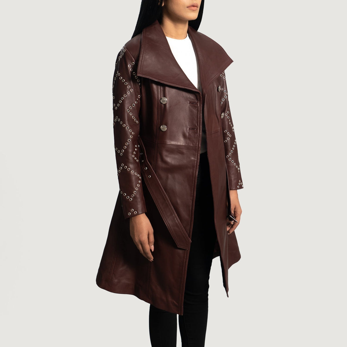 Brex Missoni Maroon Leather Trench Coat - women's coat in maroon sheepskin leather, view 3