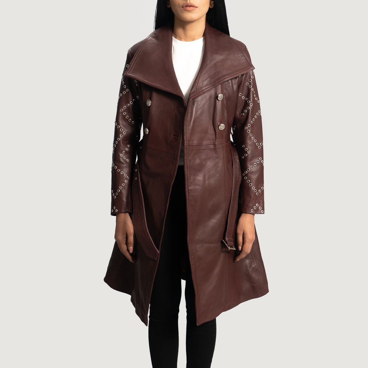 Brex Missoni Maroon Leather Trench Coat - women's coat in maroon sheepskin leather, view 5