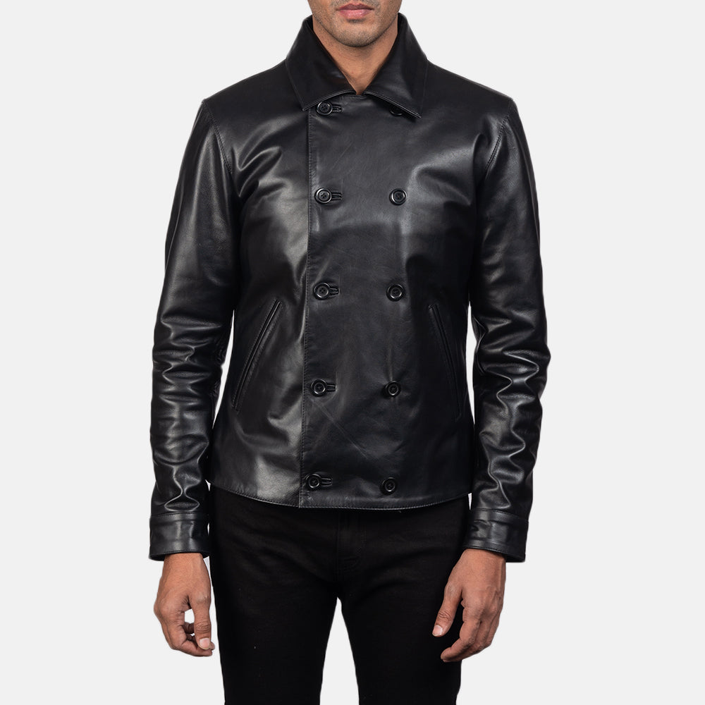 Mod Black Leather Peacoat - men's jacket in black cowhide leather, view 1