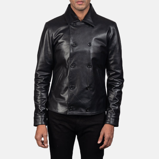 Mod Black Leather Peacoat - men's jacket in black cowhide leather, view 1