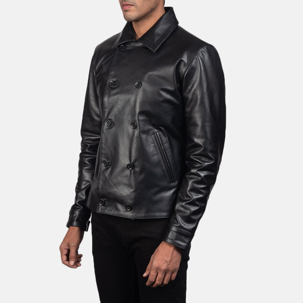 Mod Black Leather Peacoat - men's jacket in black cowhide leather, view 2