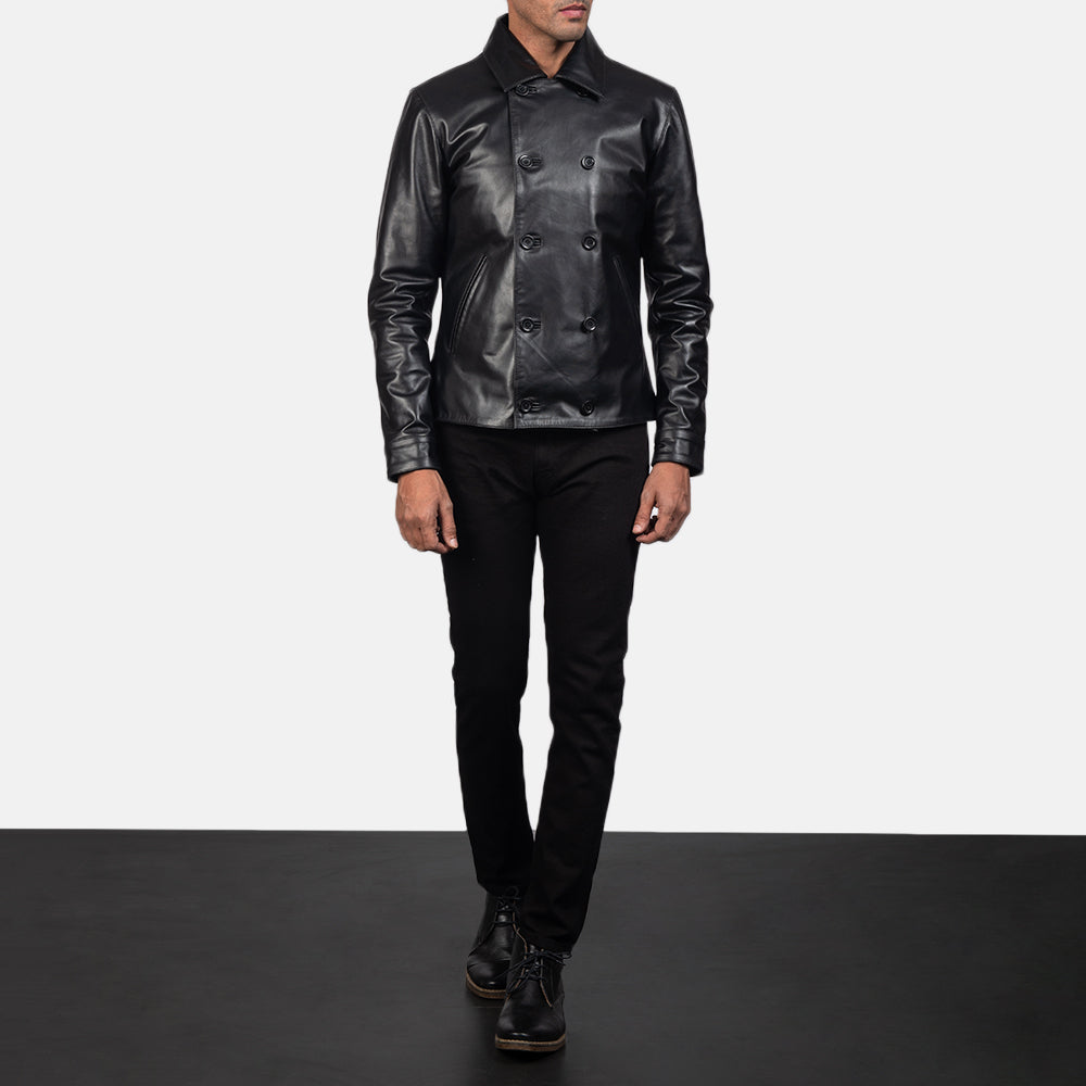 Mod Black Leather Peacoat - men's jacket in black cowhide leather, view 3