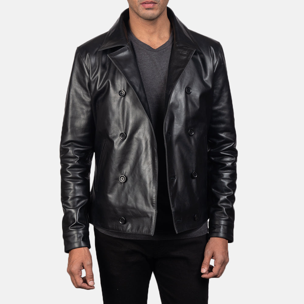 Mod Black Leather Peacoat - men's jacket in black cowhide leather, view 4