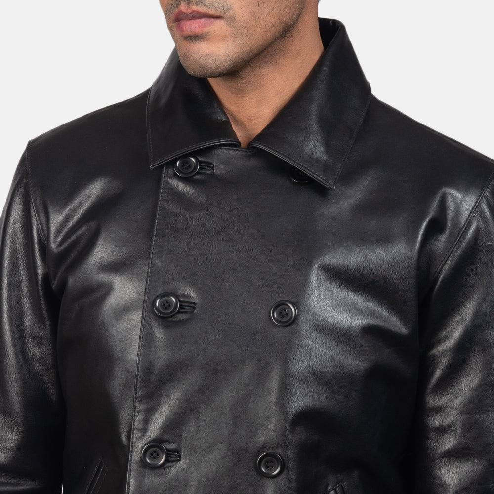 Mod Black Leather Peacoat - men's jacket in black cowhide leather, view 6
