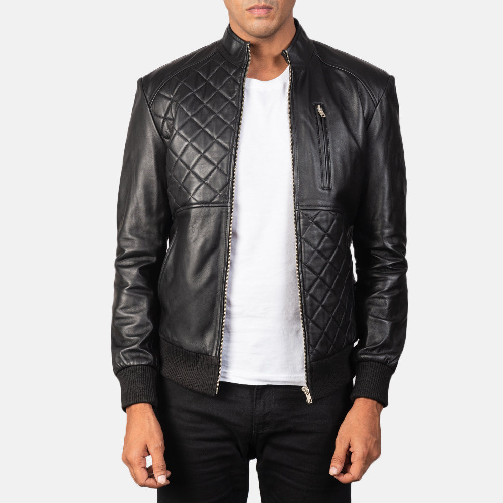 Moda Black Leather Bomber Jacket - men's jacket in black sheepskin leather, view 1