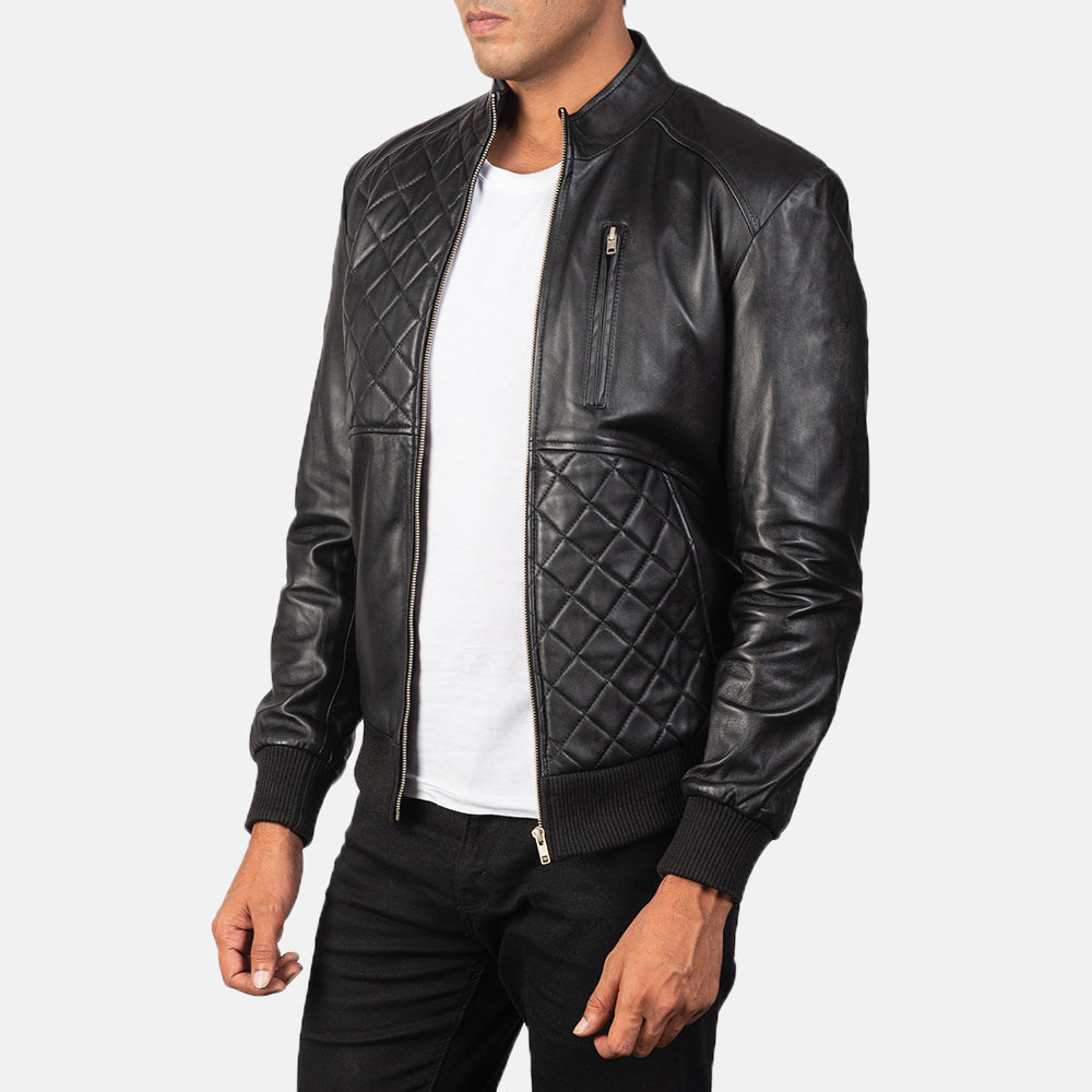 Moda Black Leather Bomber Jacket - men's jacket in black sheepskin leather, view 2