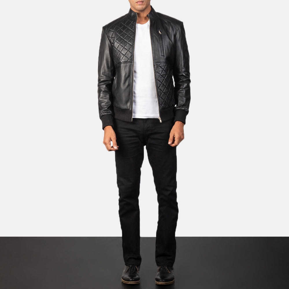 Moda Black Leather Bomber Jacket - men's jacket in black sheepskin leather, view 3
