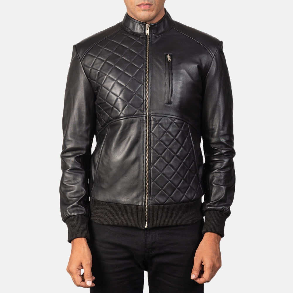 Moda Black Leather Bomber Jacket - men's jacket in black sheepskin leather, view 4