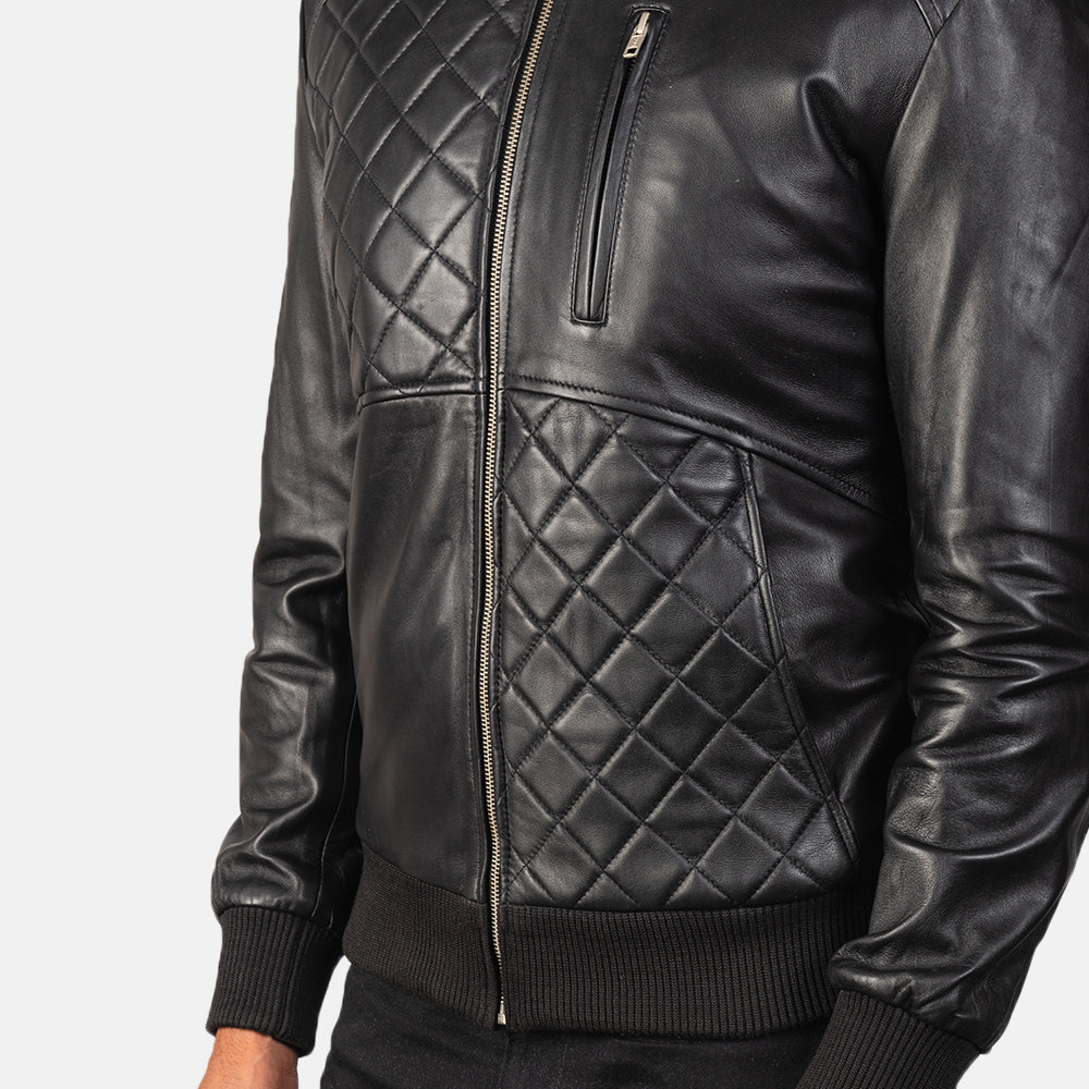 Moda Black Leather Bomber Jacket - men's jacket in black sheepskin leather, view 5
