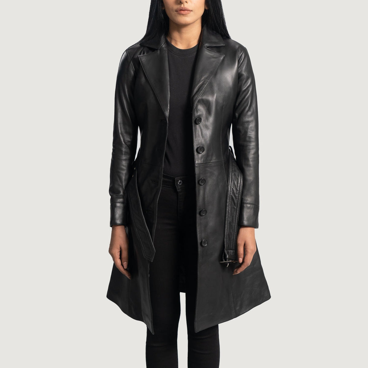Moonlight Black Leather Trench Coat - women's coat in black sheepskin leather, view 1