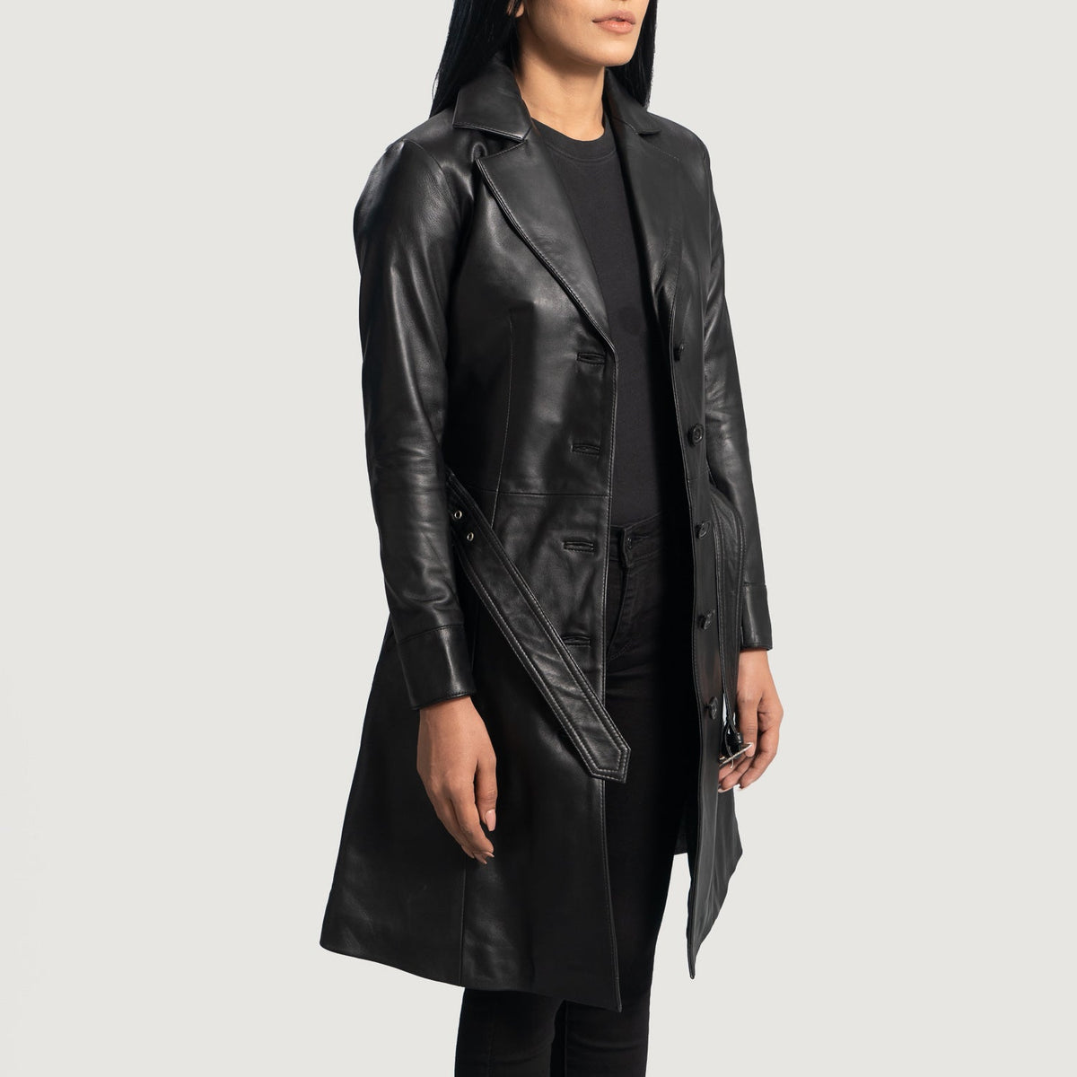 Moonlight Black Leather Trench Coat - women's coat in black sheepskin leather, view 2