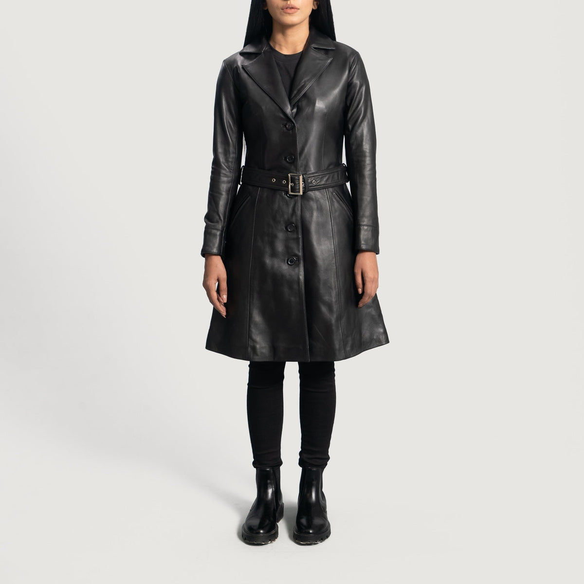 Moonlight Black Leather Trench Coat - women's coat in black sheepskin leather, view 3