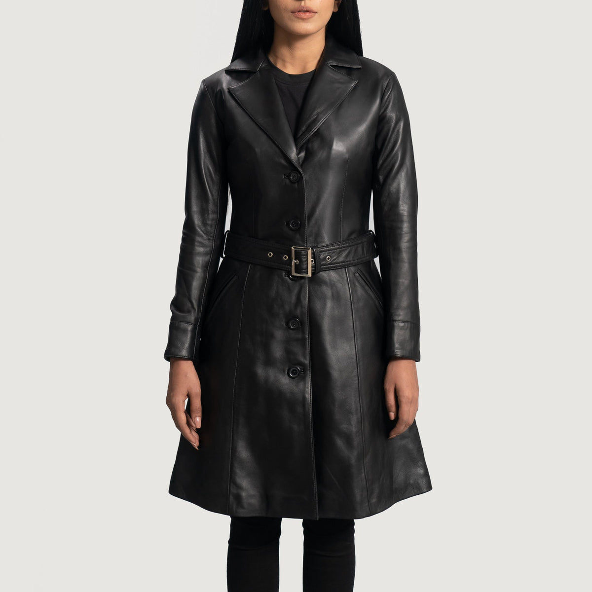 Moonlight Black Leather Trench Coat - women's coat in black sheepskin leather, view 4