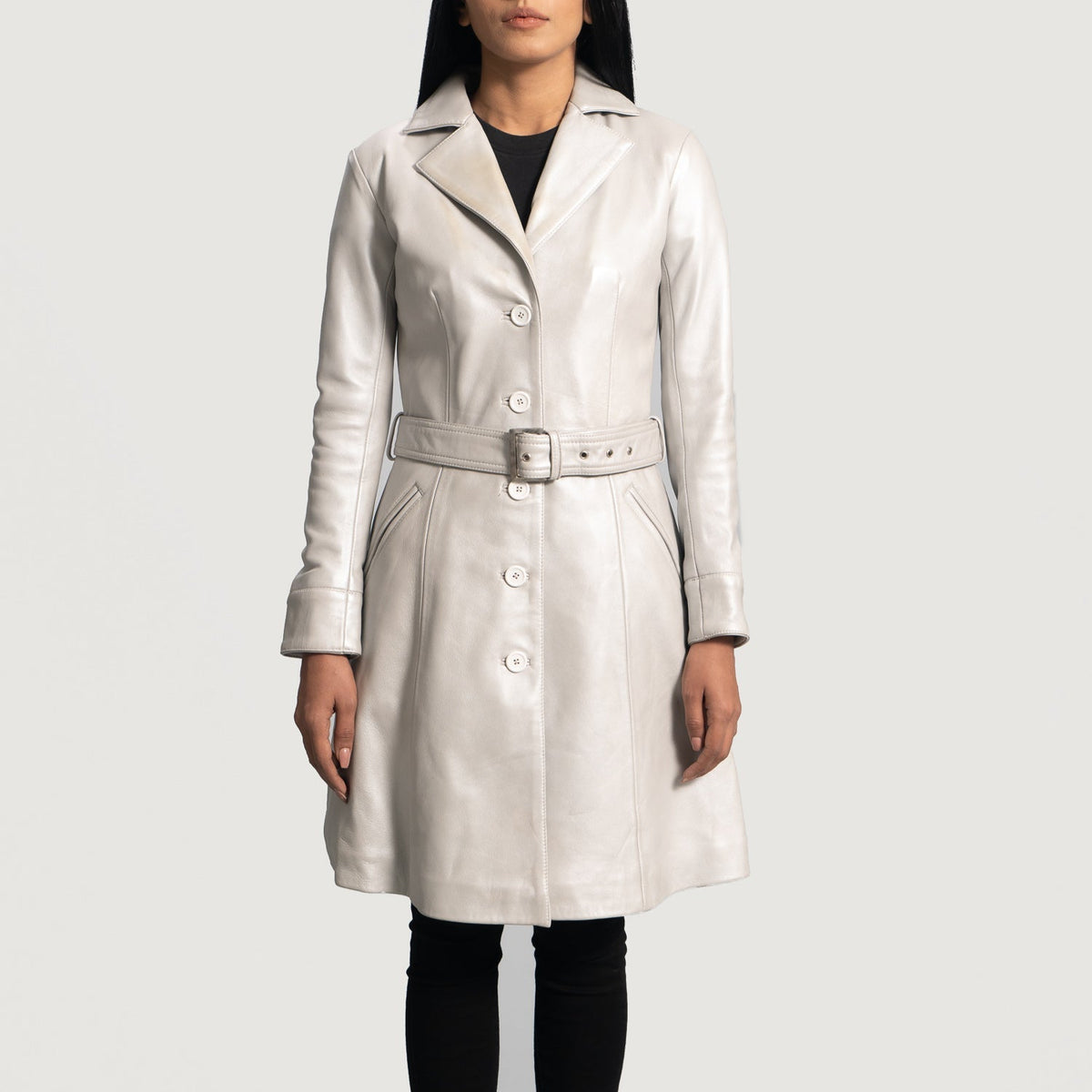 Brex Moonlight Silver Leather Trench Coat - women's coat in silver sheepskin leather, view 1
