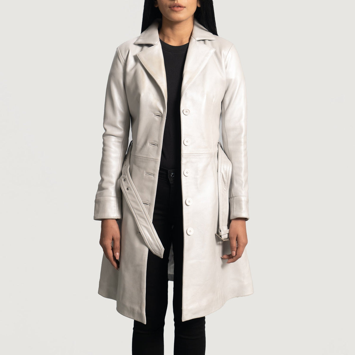 Brex Moonlight Silver Leather Trench Coat - women's coat in silver sheepskin leather, view 2