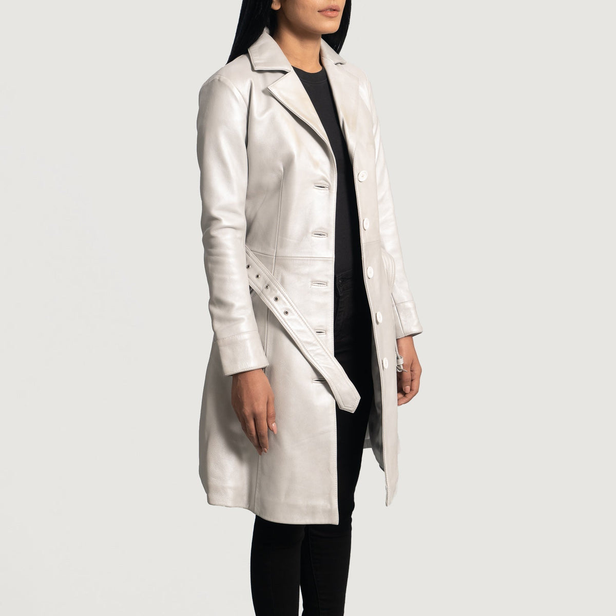 Brex Moonlight Silver Leather Trench Coat - women's coat in silver sheepskin leather, view 3