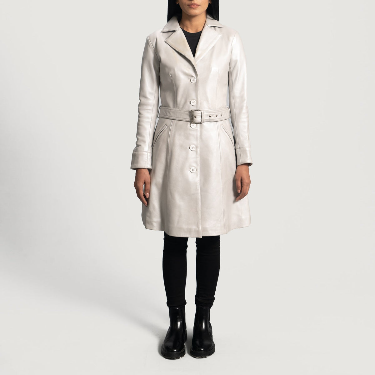 Brex Moonlight Silver Leather Trench Coat - women's coat in silver sheepskin leather, view 4