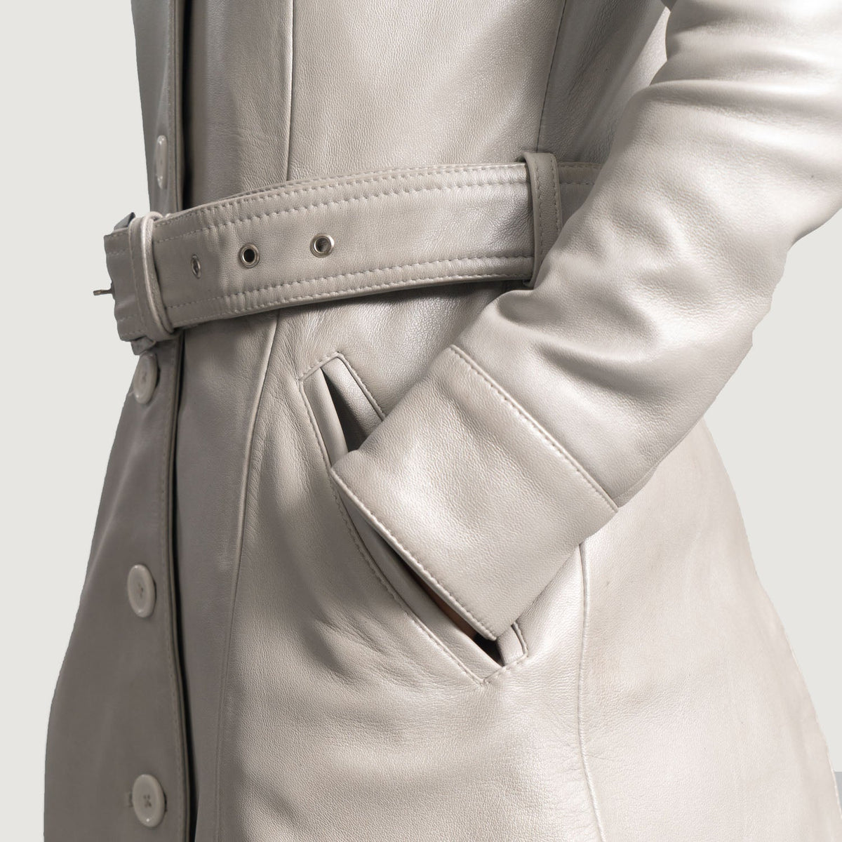 Brex Moonlight Silver Leather Trench Coat - women's coat in silver sheepskin leather, view 6