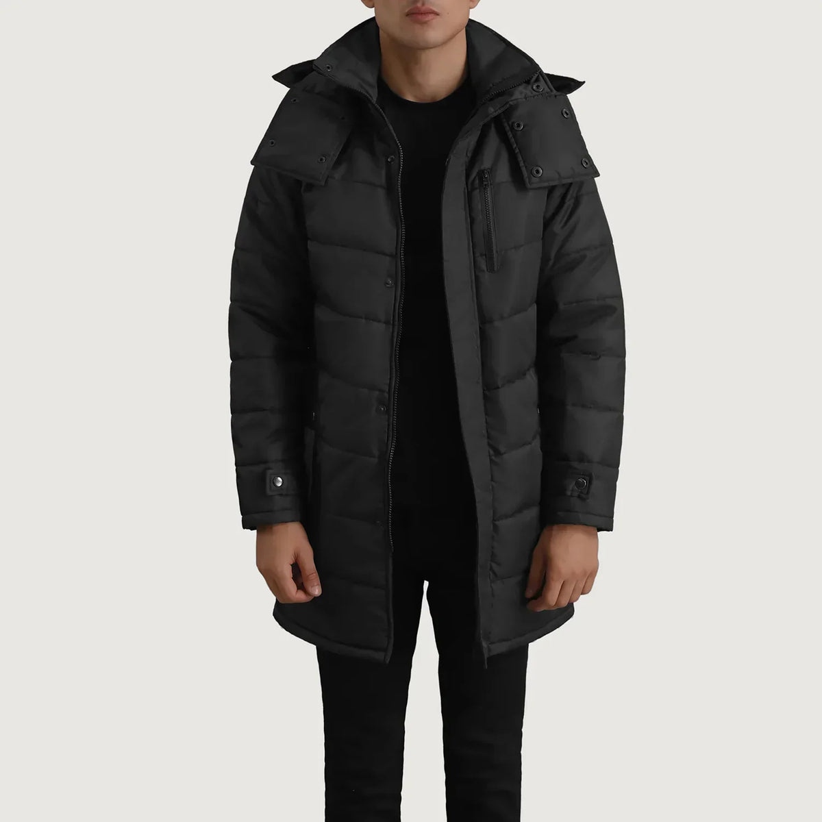 Moore Black Hooded Parka - men's parka in black nylon-polyester fabric, view 1