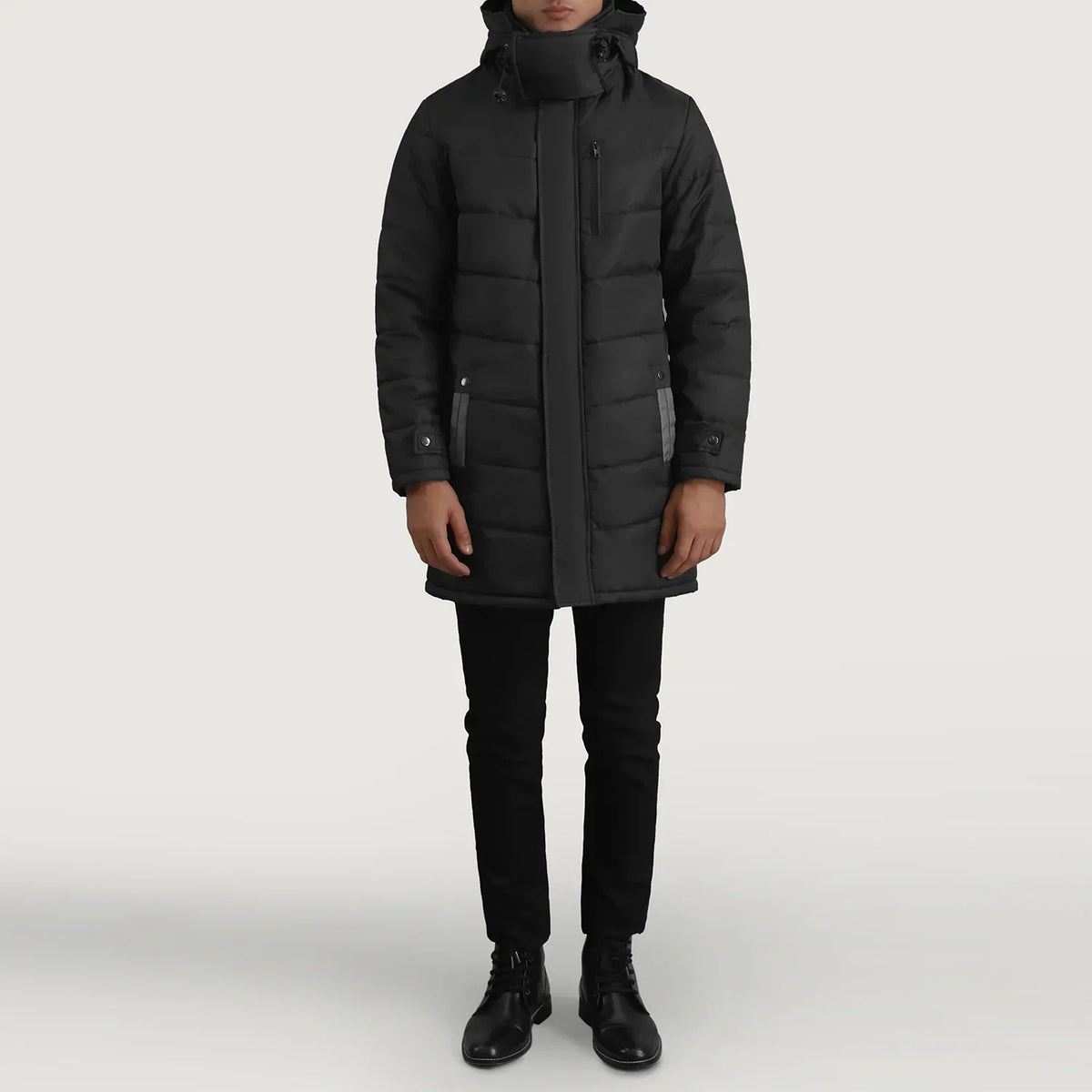 Moore Black Hooded Parka - men's parka in black nylon-polyester fabric, view 3