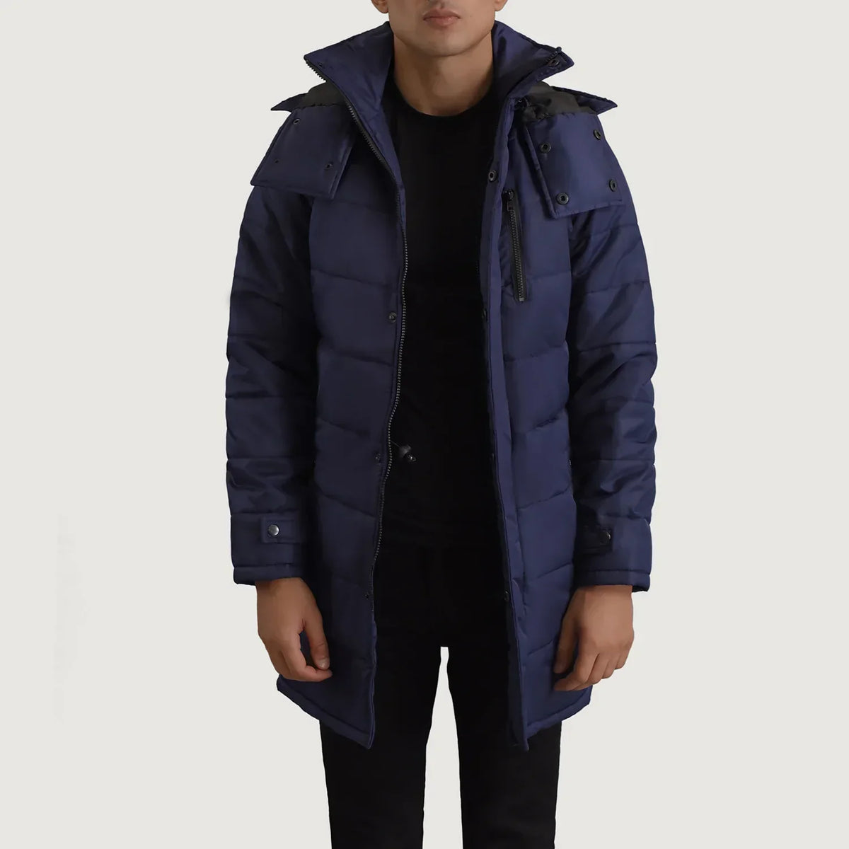 Moore Blue Hooded Parka - men's parka in blue nylon-polyester fabric, view 1