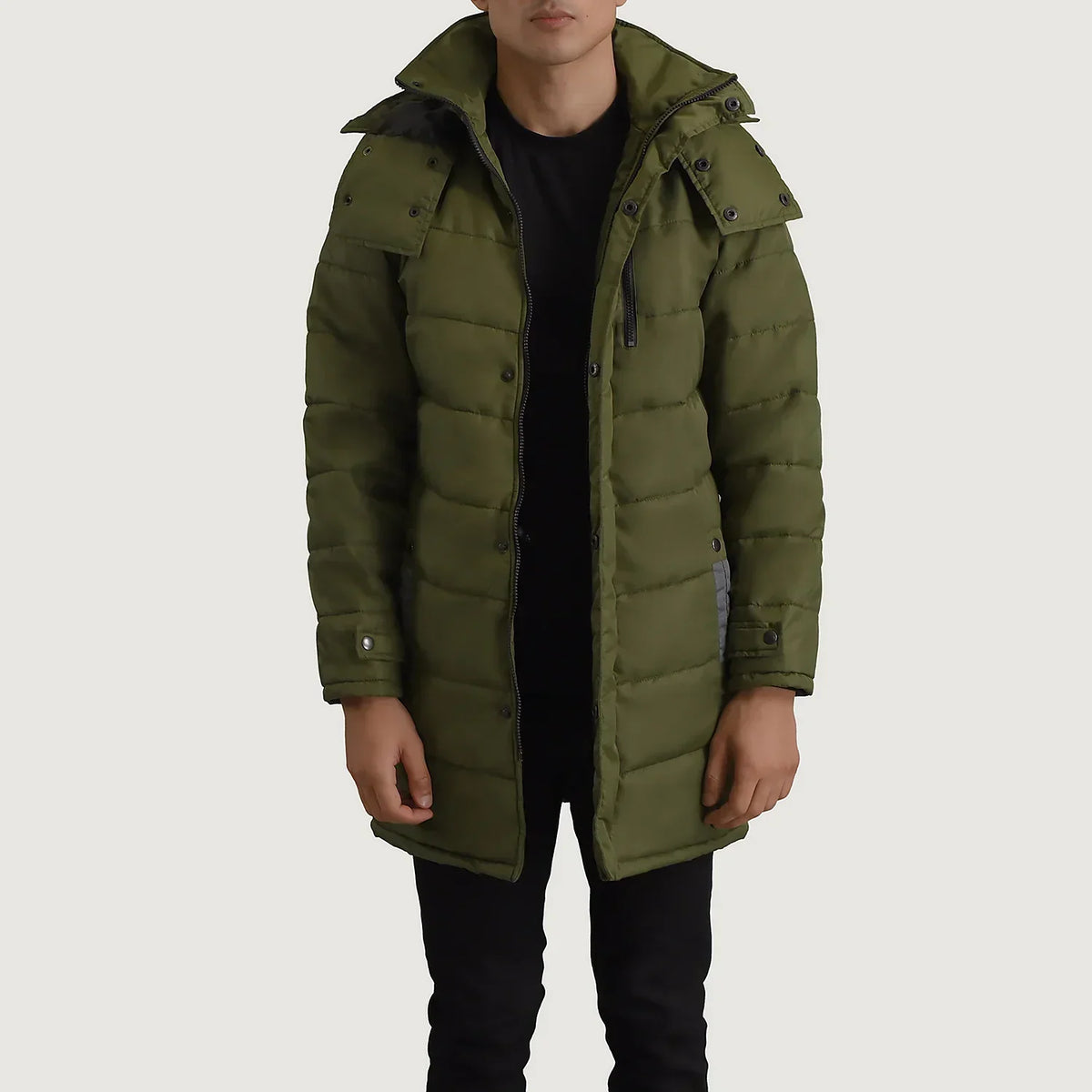 Moore Green Hooded Parka - men's parka in green nylon-polyester fabric, view 1