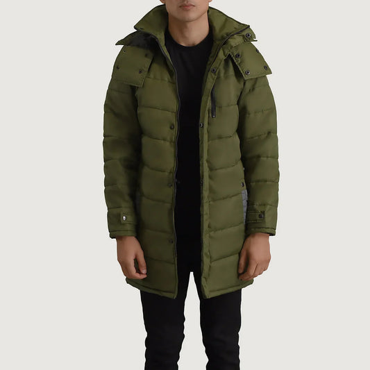 Moore Green Hooded Parka - men's parka in green nylon-polyester fabric, view 1