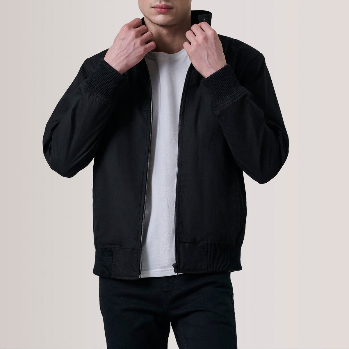 Morrison Black Canvas Bomber Jacket - men's jacket in black canvas fabric, view 1