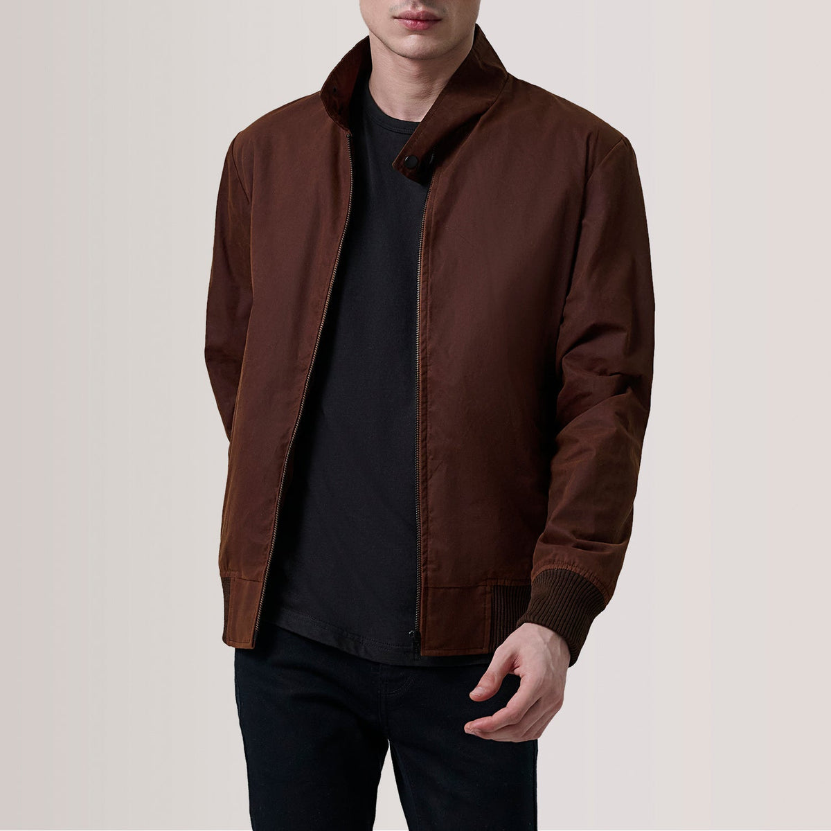 Morrison Brown Canvas Bomber Jacket - men's jacket in brown premium leather, view 1