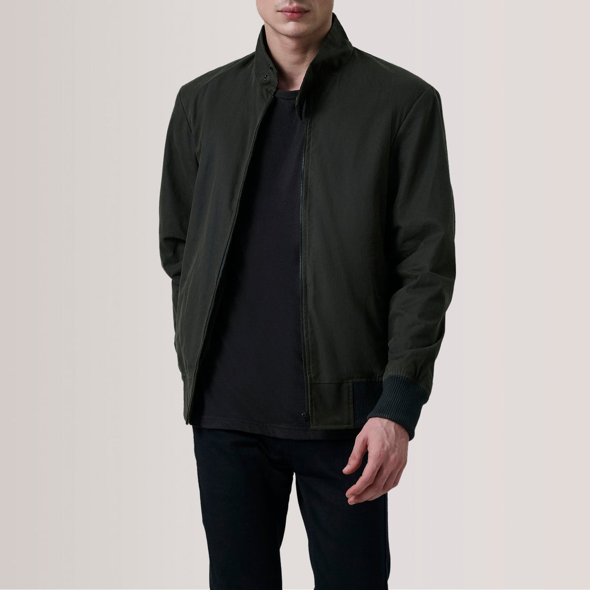 Morrison Olive Canvas Bomber Jacket - men's jacket in olive premium leather, view 1