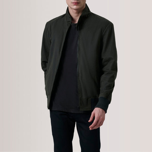 Morrison Olive Canvas Bomber Jacket - men's jacket in olive premium leather, view 1