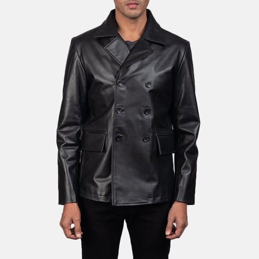 Mr. Bailey Black Leather Naval Peacoat - men's jacket in black cowhide leather, view 1