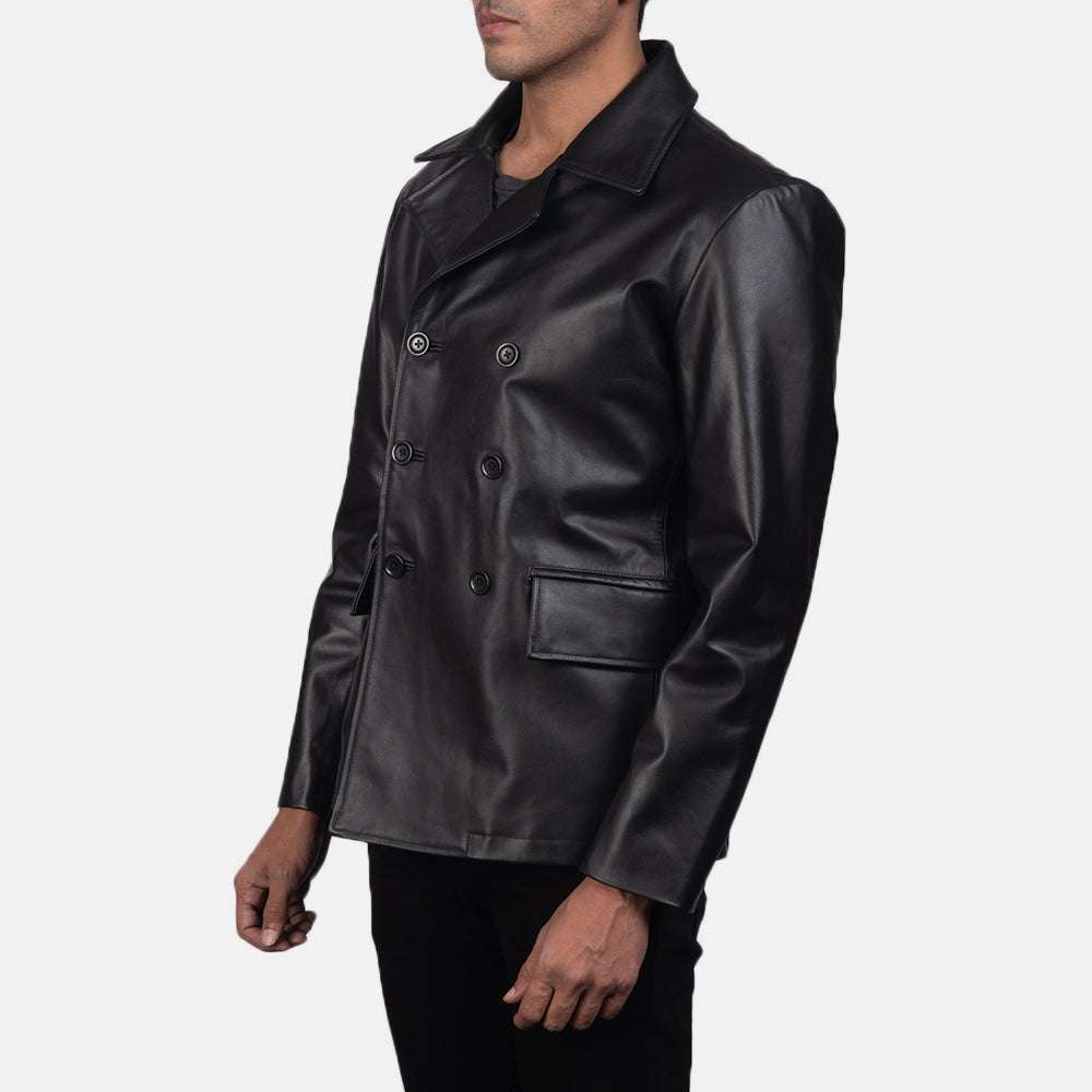 Mr. Bailey Black Leather Naval Peacoat - men's jacket in black cowhide leather, view 2