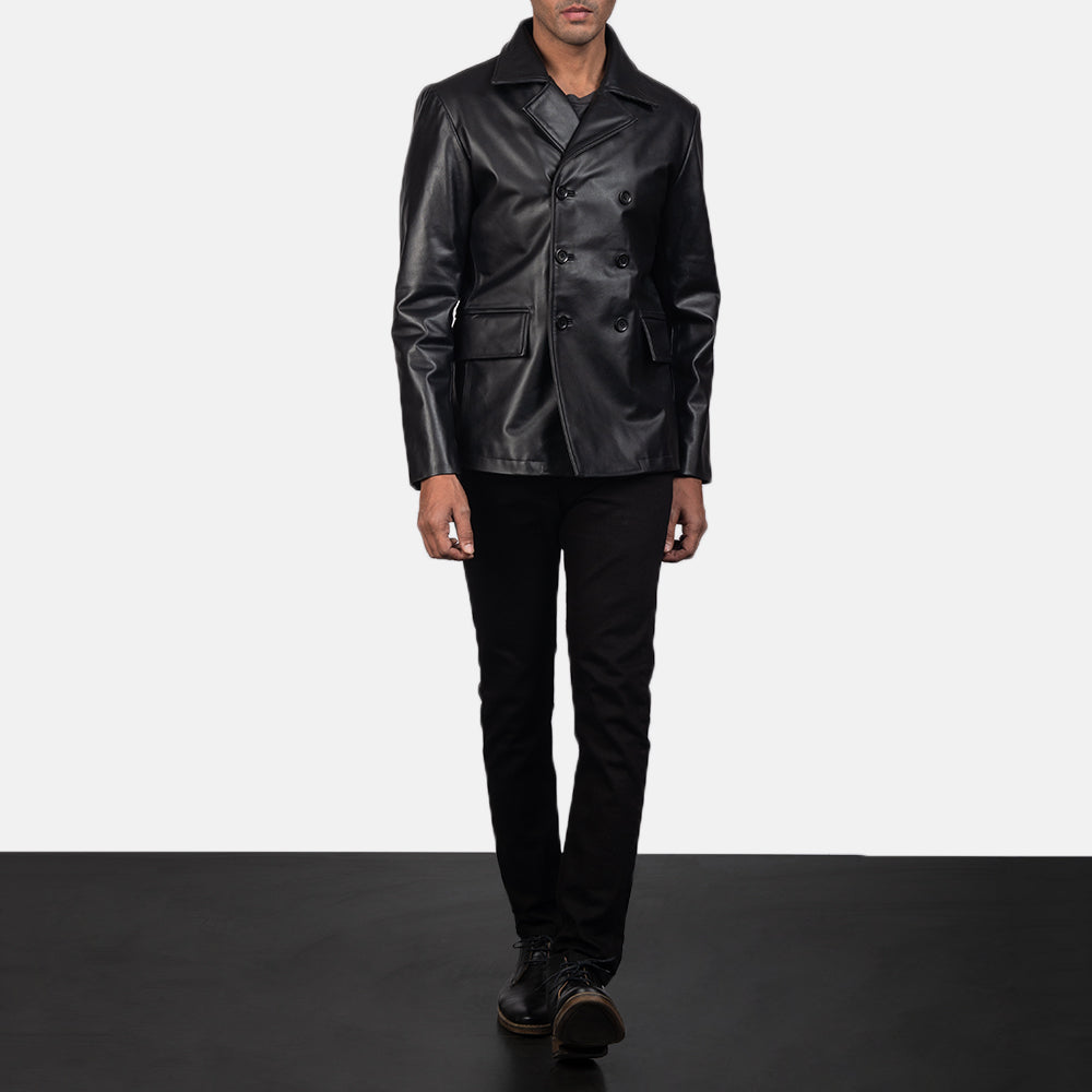 Mr. Bailey Black Leather Naval Peacoat - men's jacket in black cowhide leather, view 3