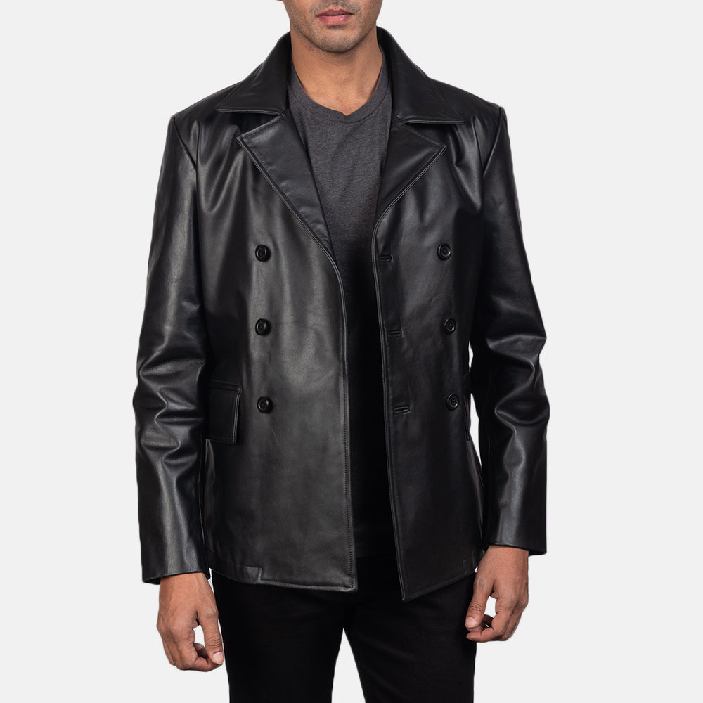 Mr. Bailey Black Leather Naval Peacoat - men's jacket in black cowhide leather, view 4