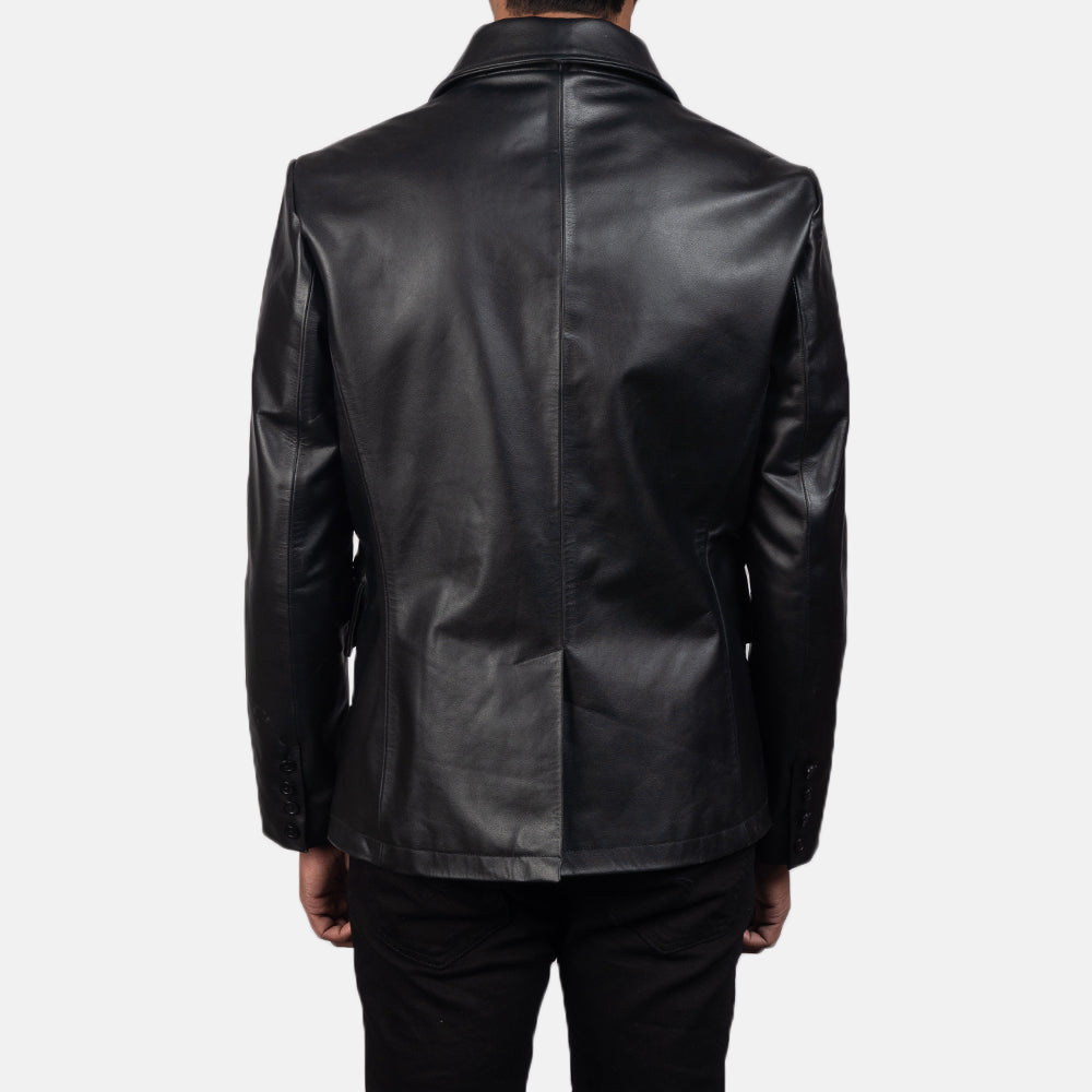 Mr. Bailey Black Leather Naval Peacoat - men's jacket in black cowhide leather, view 5