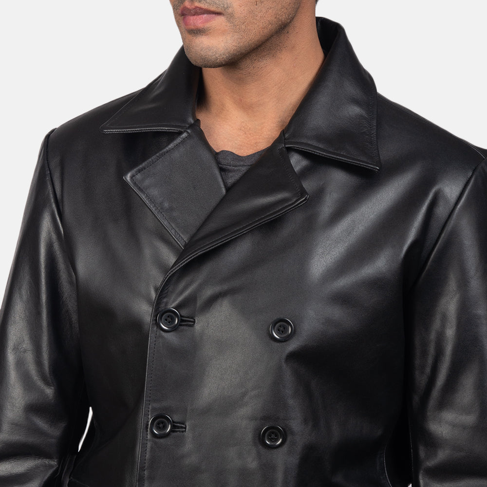 Mr. Bailey Black Leather Naval Peacoat - men's jacket in black cowhide leather, view 6