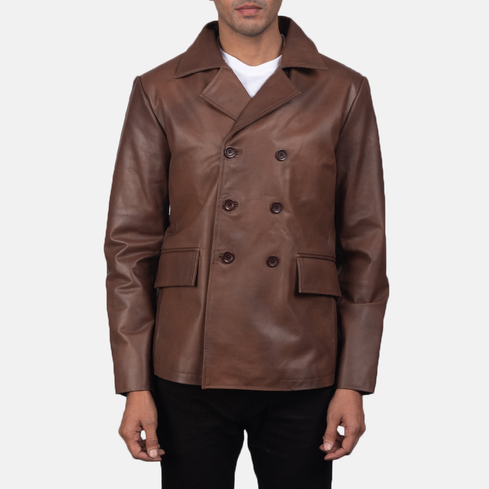 Mr. Bailey Brown Leather Naval Peacoat - men's peacoat in brown cowhide leather, view 1