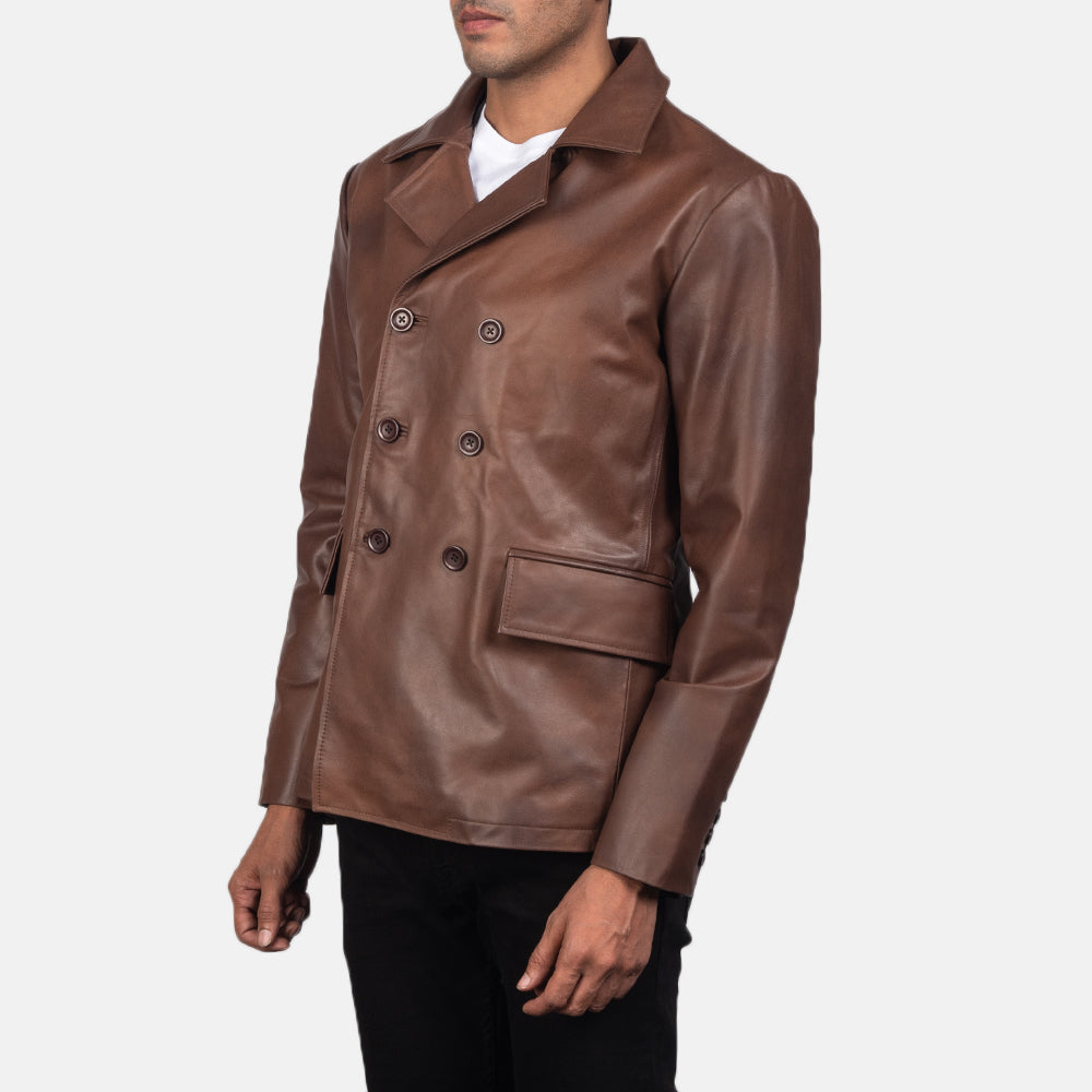 Mr. Bailey Brown Leather Naval Peacoat - men's peacoat in brown cowhide leather, view 2