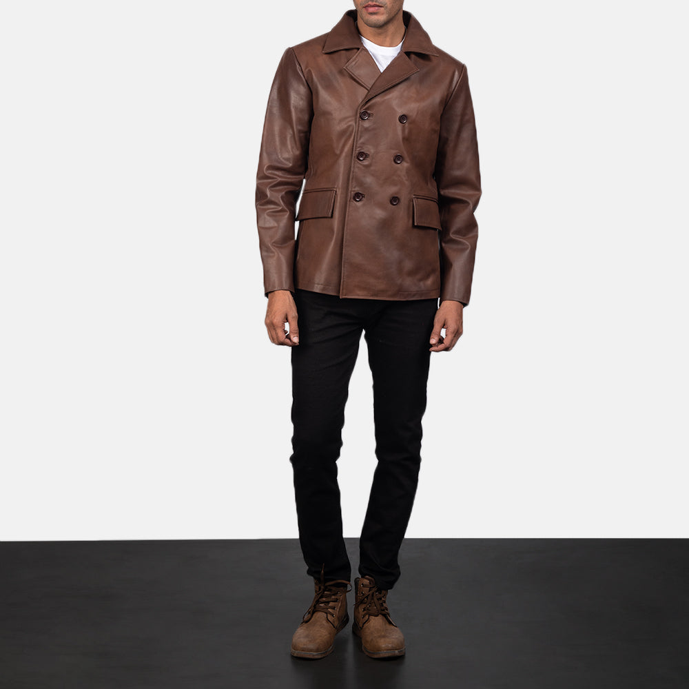 Mr. Bailey Brown Leather Naval Peacoat - men's peacoat in brown cowhide leather, view 3