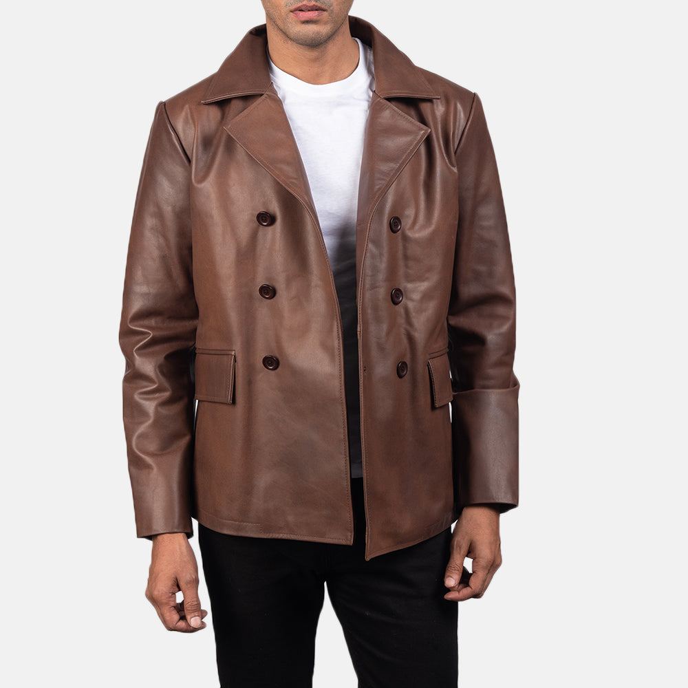 Mr. Bailey Brown Leather Naval Peacoat - men's peacoat in brown cowhide leather, view 4