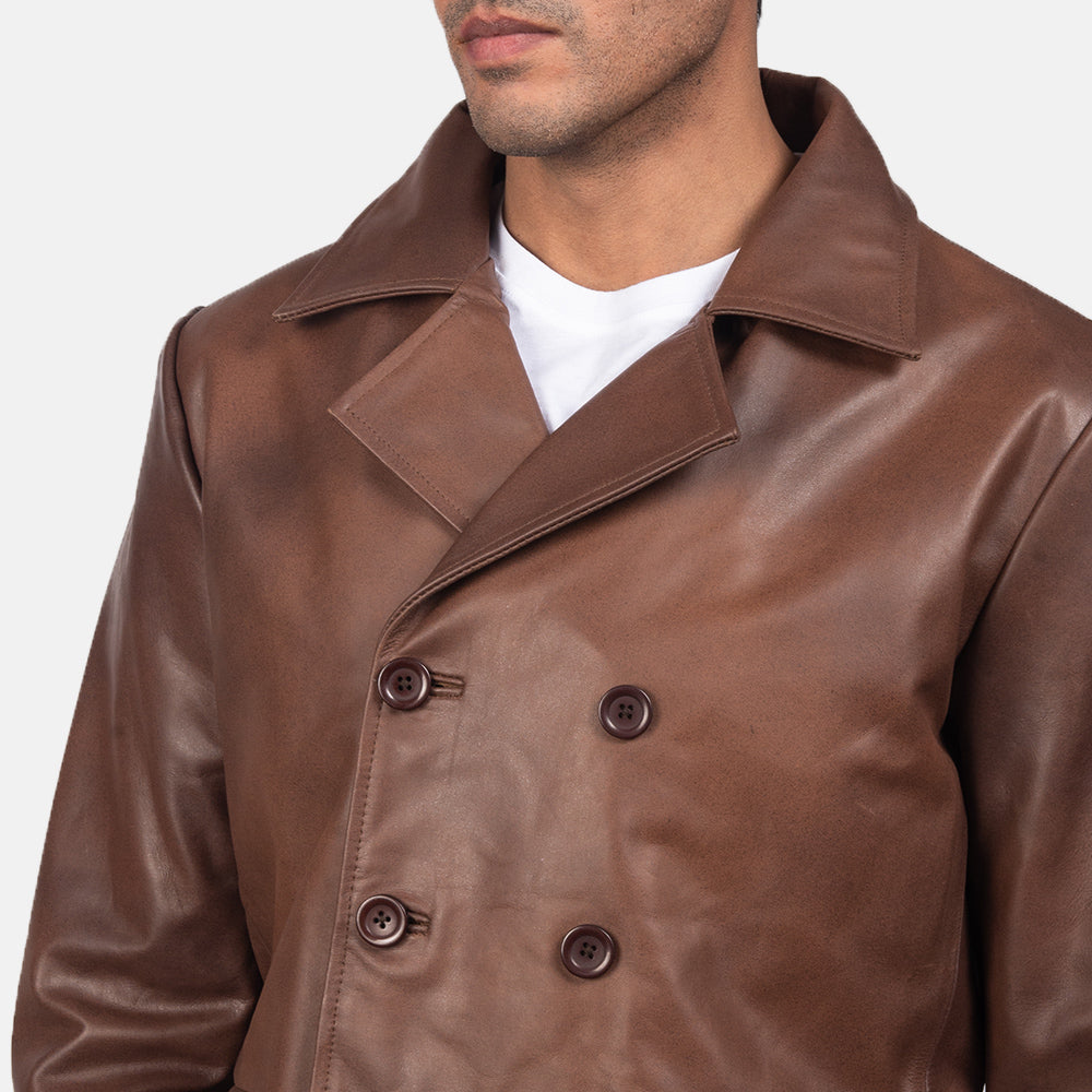 Mr. Bailey Brown Leather Naval Peacoat - men's peacoat in brown cowhide leather, view 6
