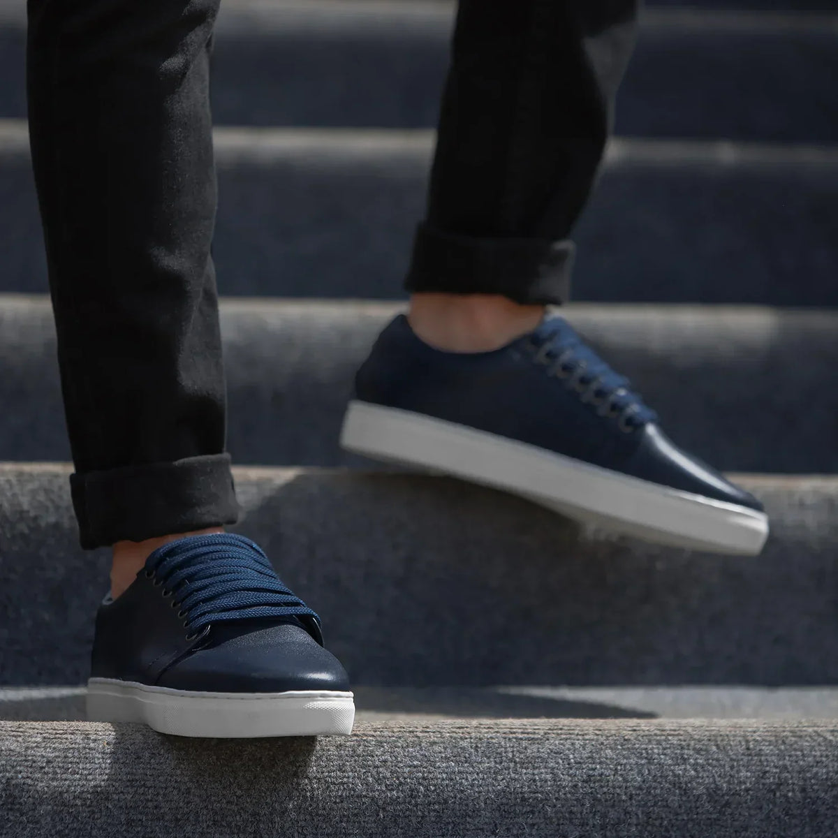 Murphy Low Top Midnight Blue Leather Sneakers - men's sneakers in midnight blue cowhide leather, view 3