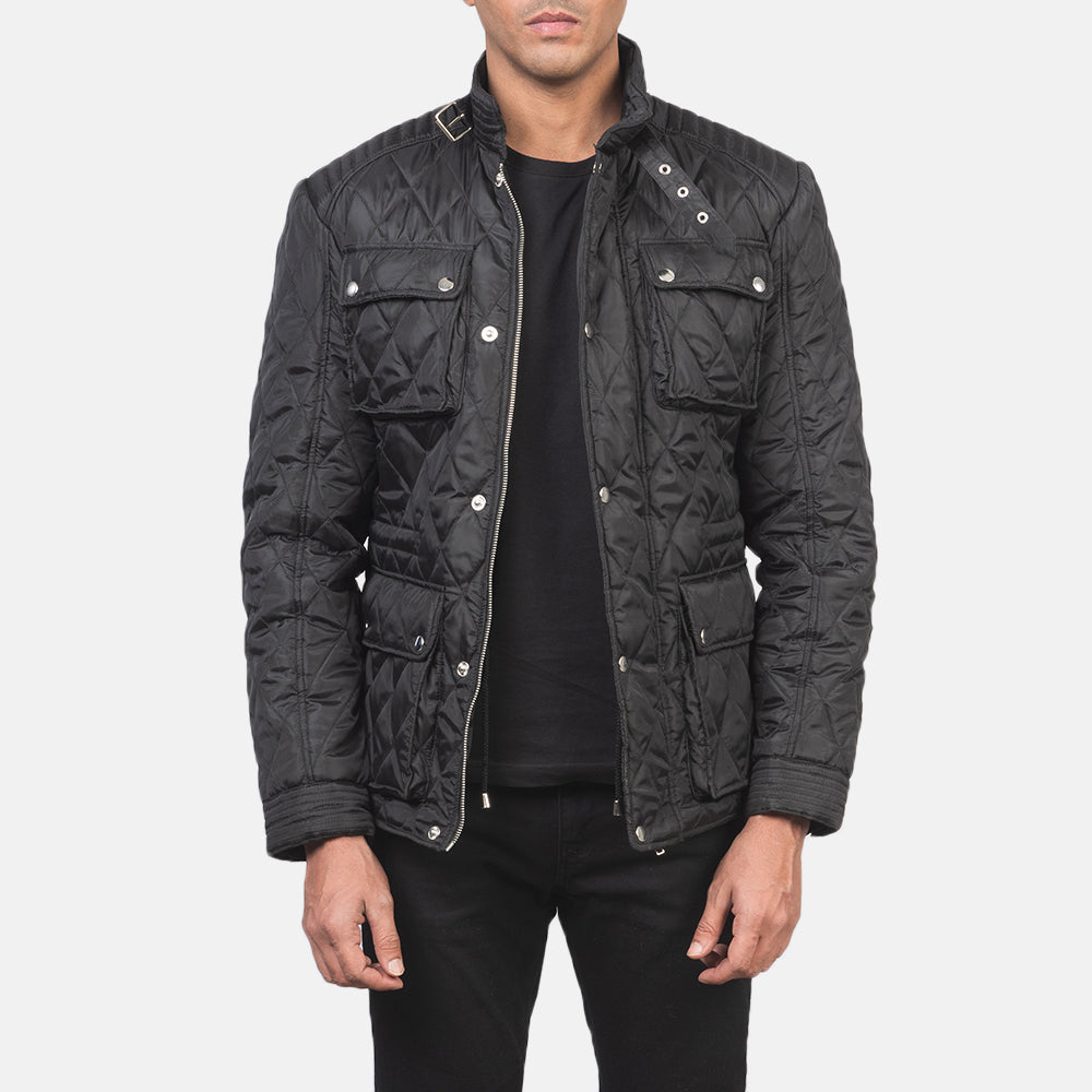 Nelson Quilted Black Windbreaker Jacket - men's jacket in black nylon-polyester fabric, view 1