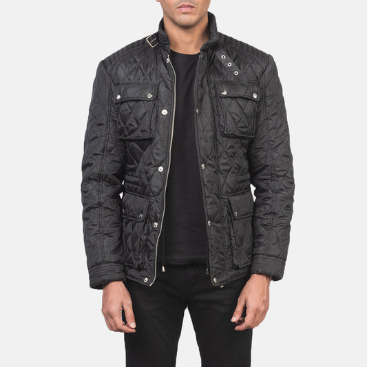 Nelson Quilted Black Windbreaker Jacket - men's jacket in black nylon-polyester fabric, view 1