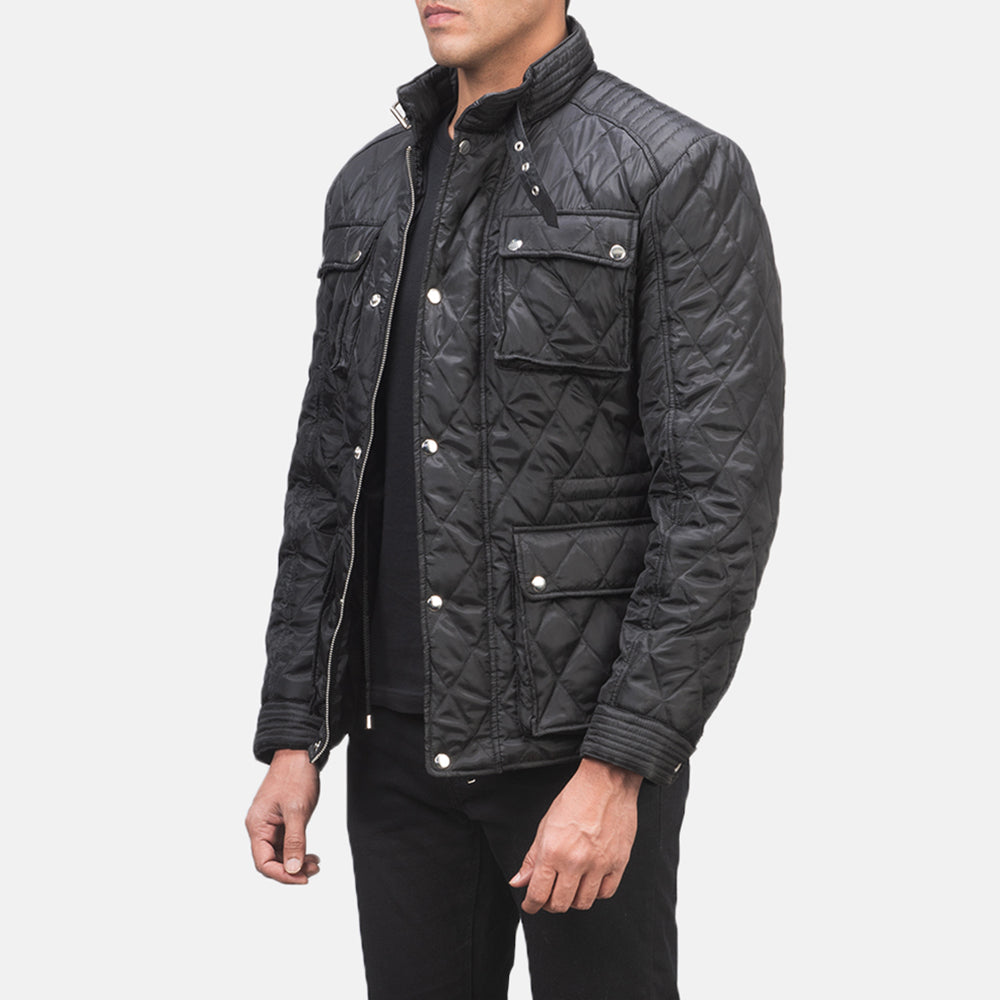 Nelson Quilted Black Windbreaker Jacket - men's jacket in black nylon-polyester fabric, view 2